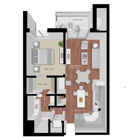 Floor plan for 1 bed, 1 bath, 750 sqft